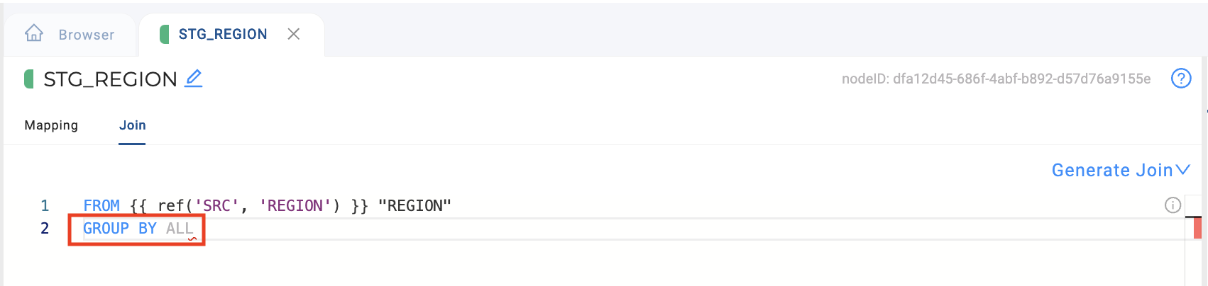 The image displays a STG_REGION node configuration with a Join tab active. It contains a short SQL query with a GROUP BY ALL clause highlighted in red.